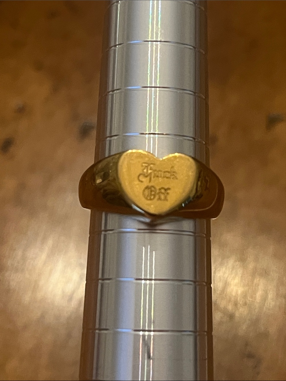 Gold Heart Signet Ring - Edgy Gothic Font "F*** Off" Engraving Size 6